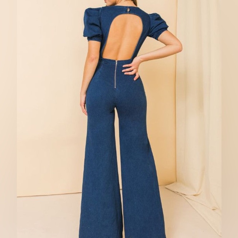 Wide leg denim jumpsuit